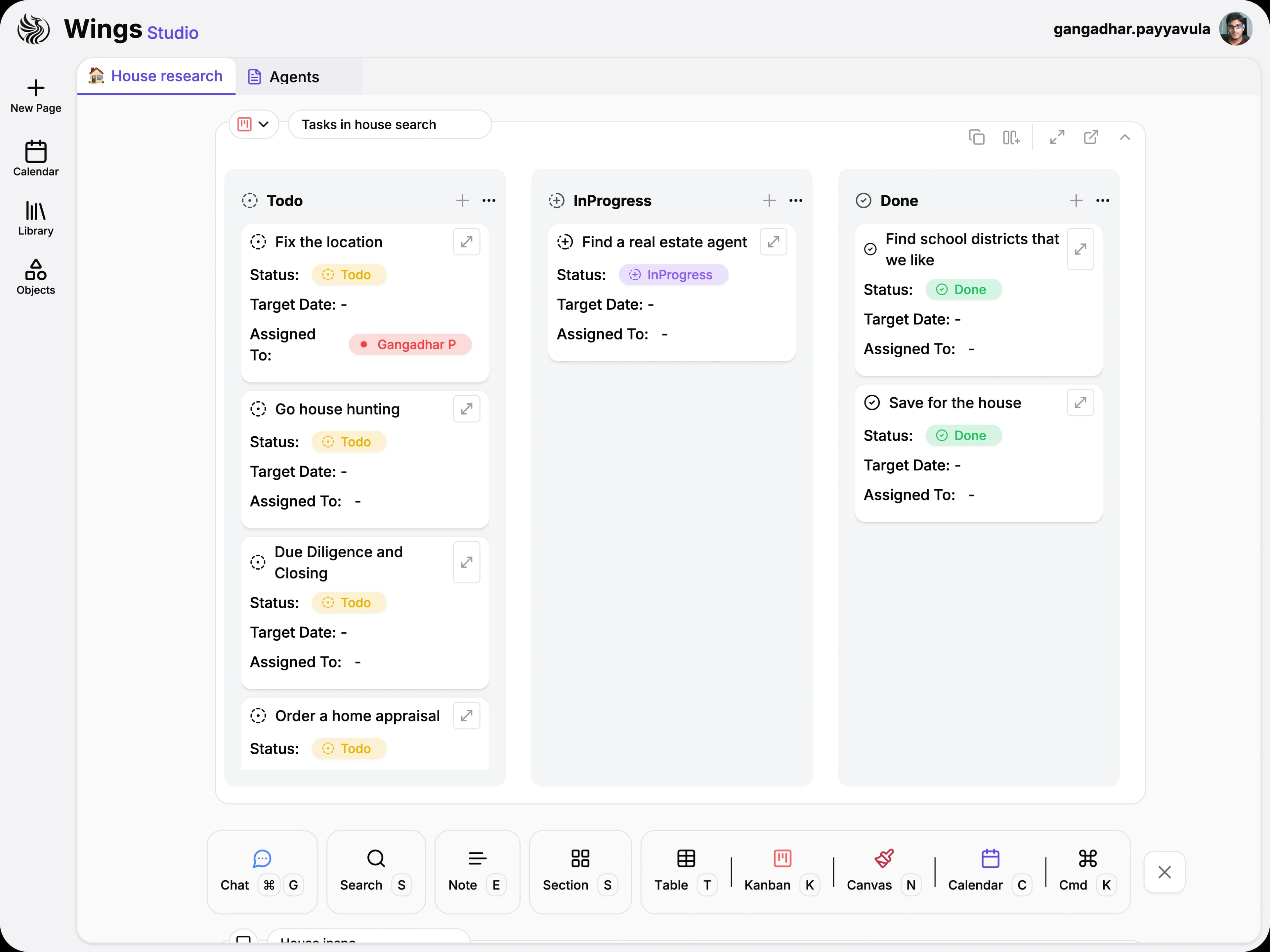 Kanban board with todo, in-progress, and done columns