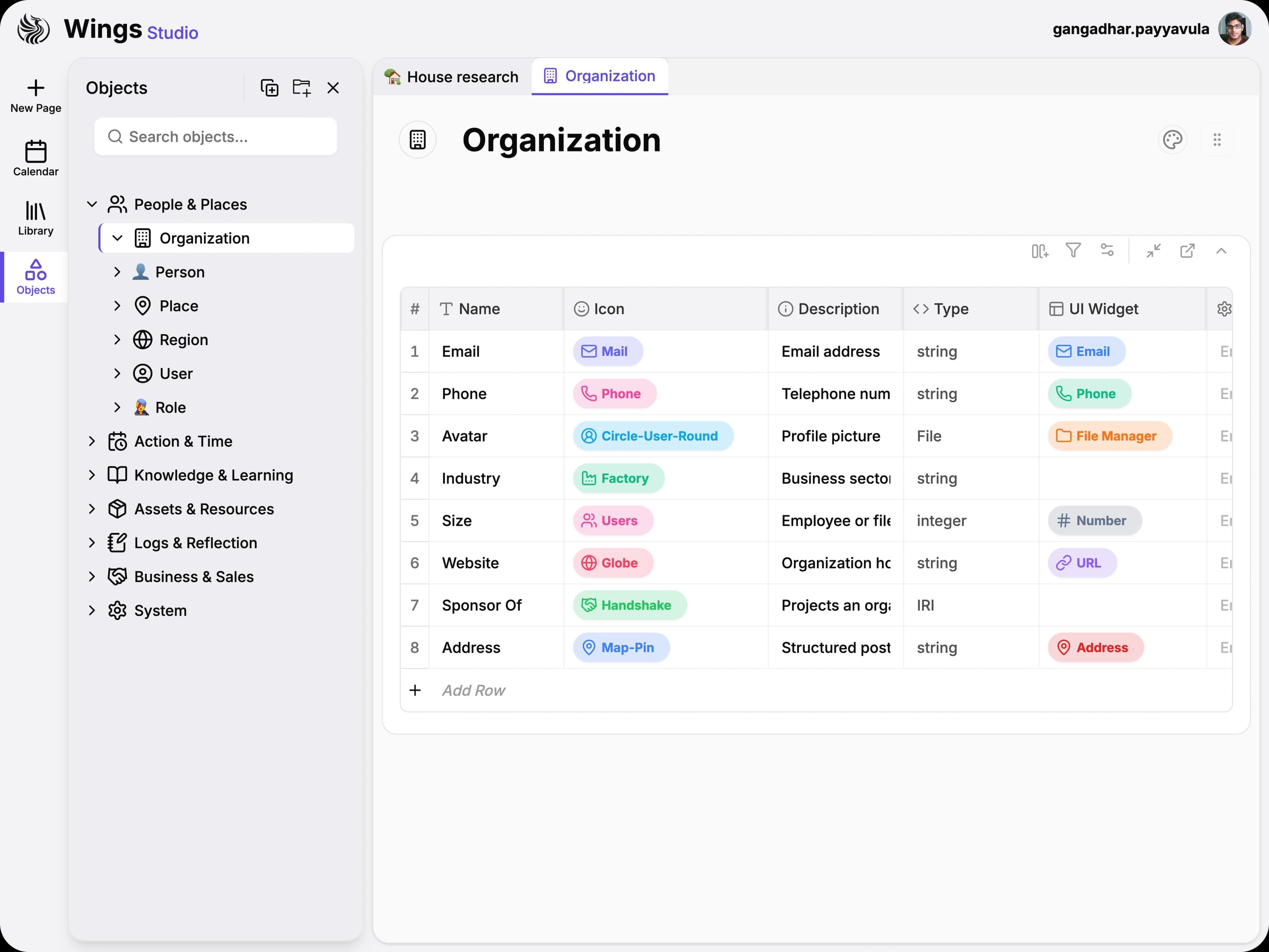 Schema editor listing attributes, types, and UI widgets for an organization