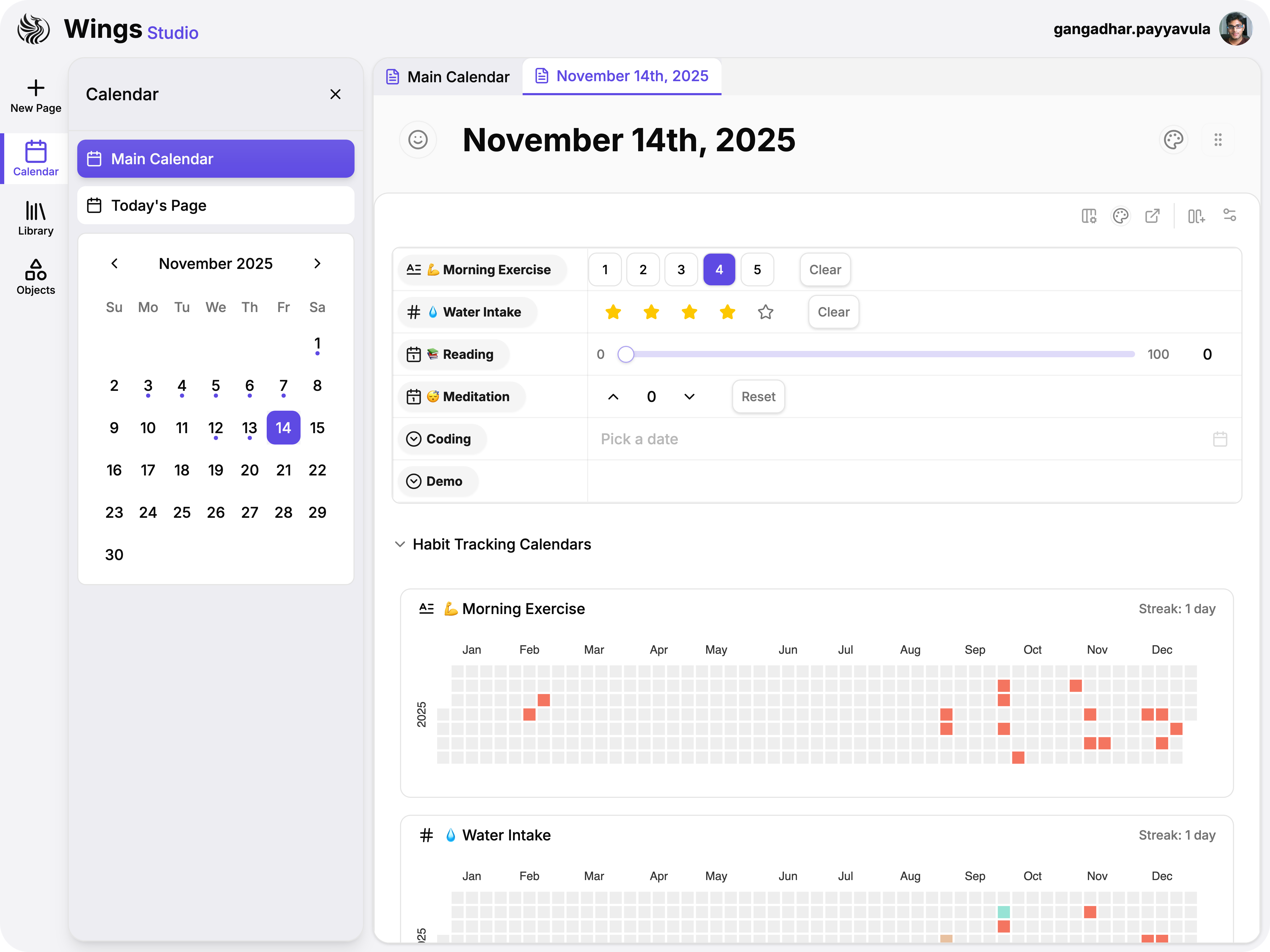 Daily planner with sliders, star ratings, and streak heatmap calendars