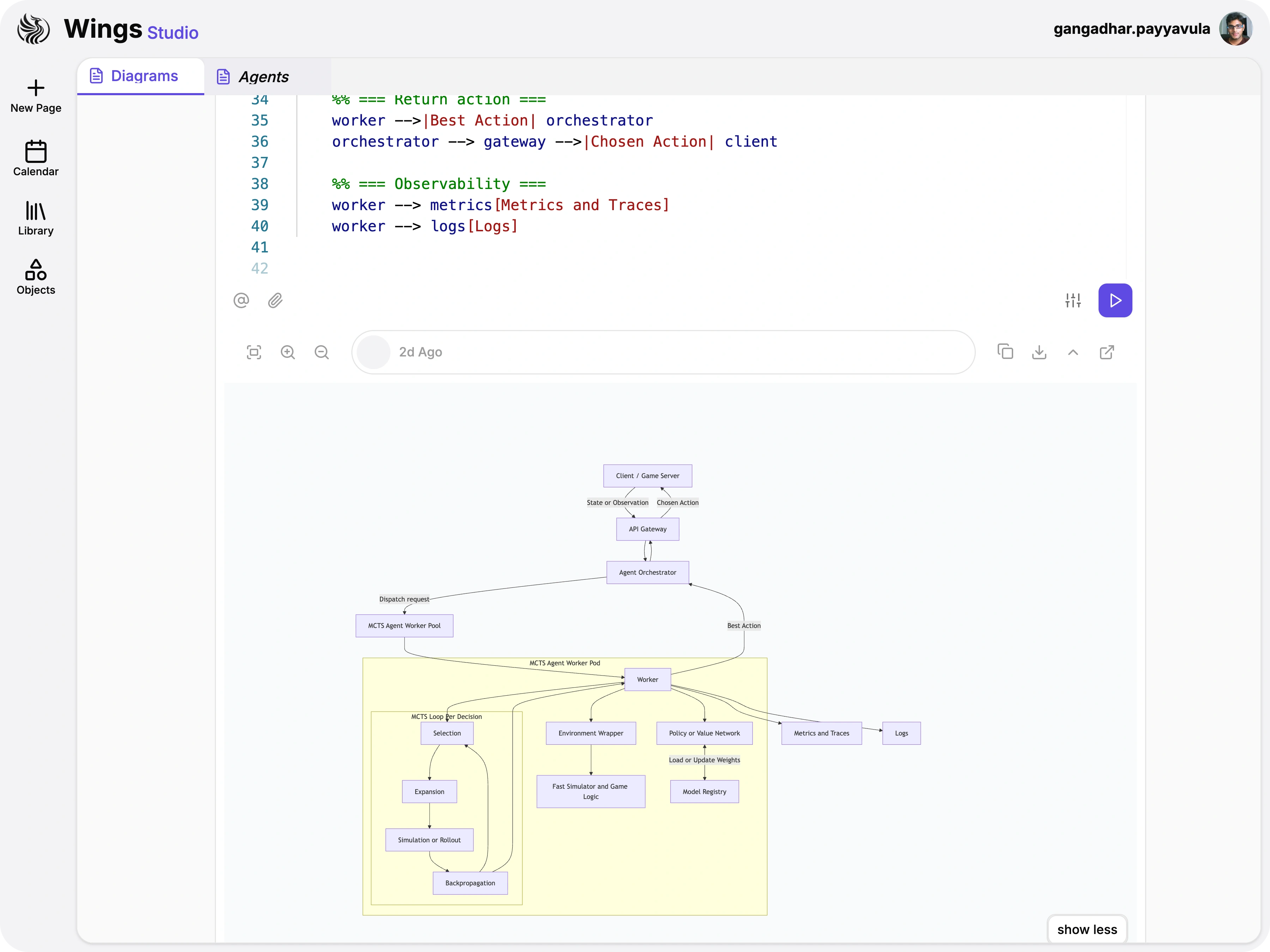 Diagram card showing an agent orchestration flow with execution blocks.