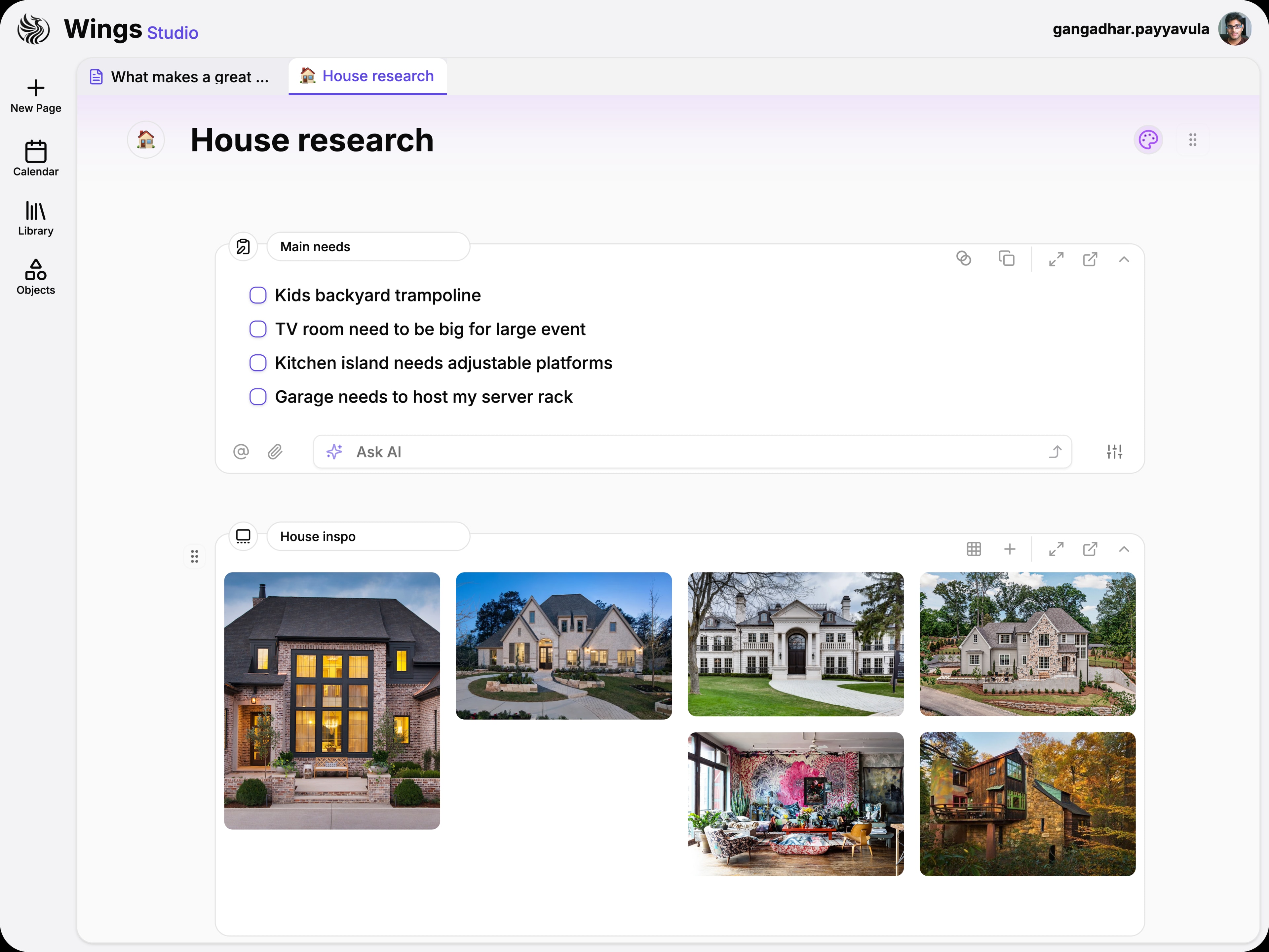 Workspace page with a checklist and an inspiration image gallery