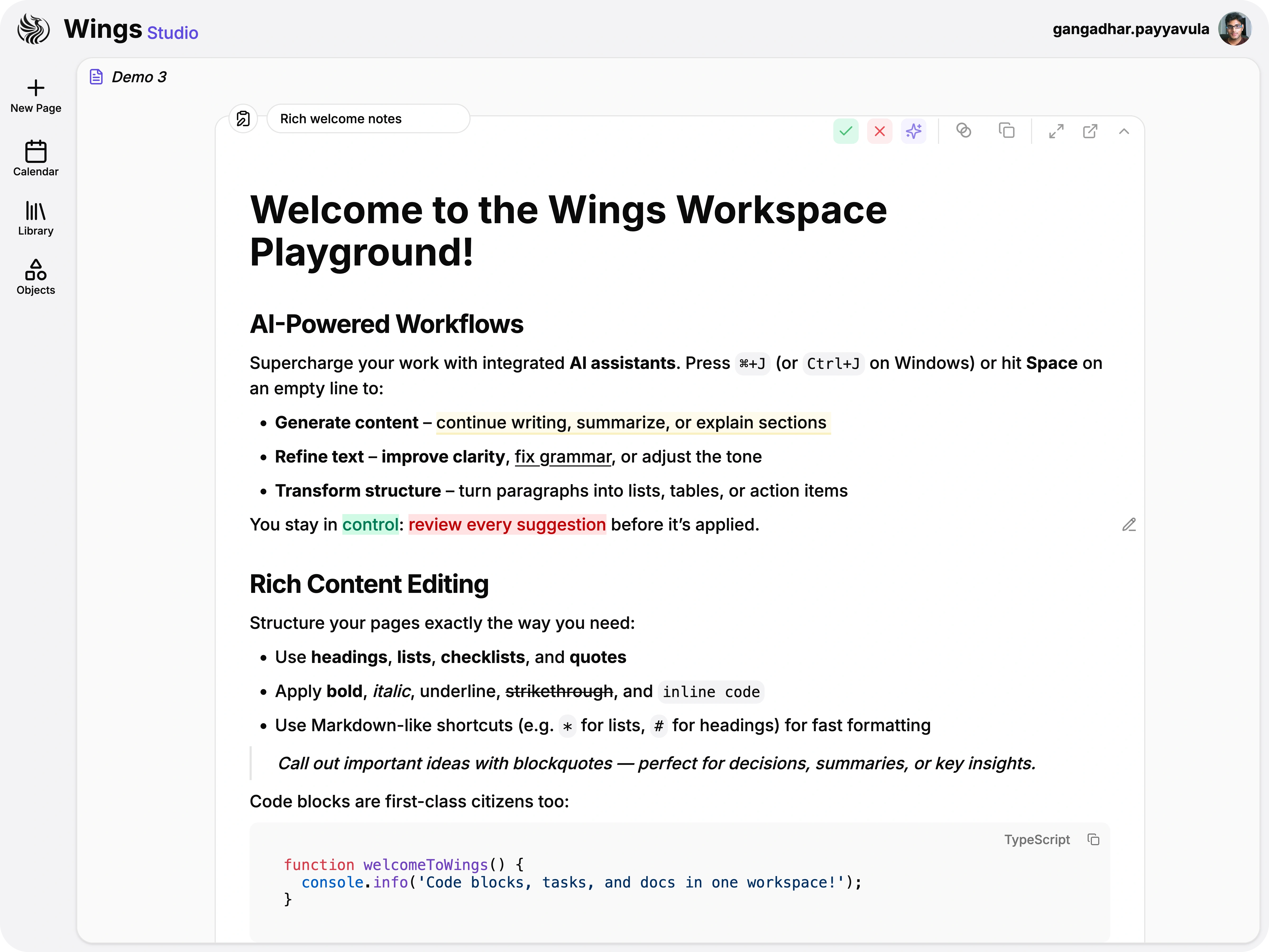 Rich text editor with headings, bullet lists, and a code block