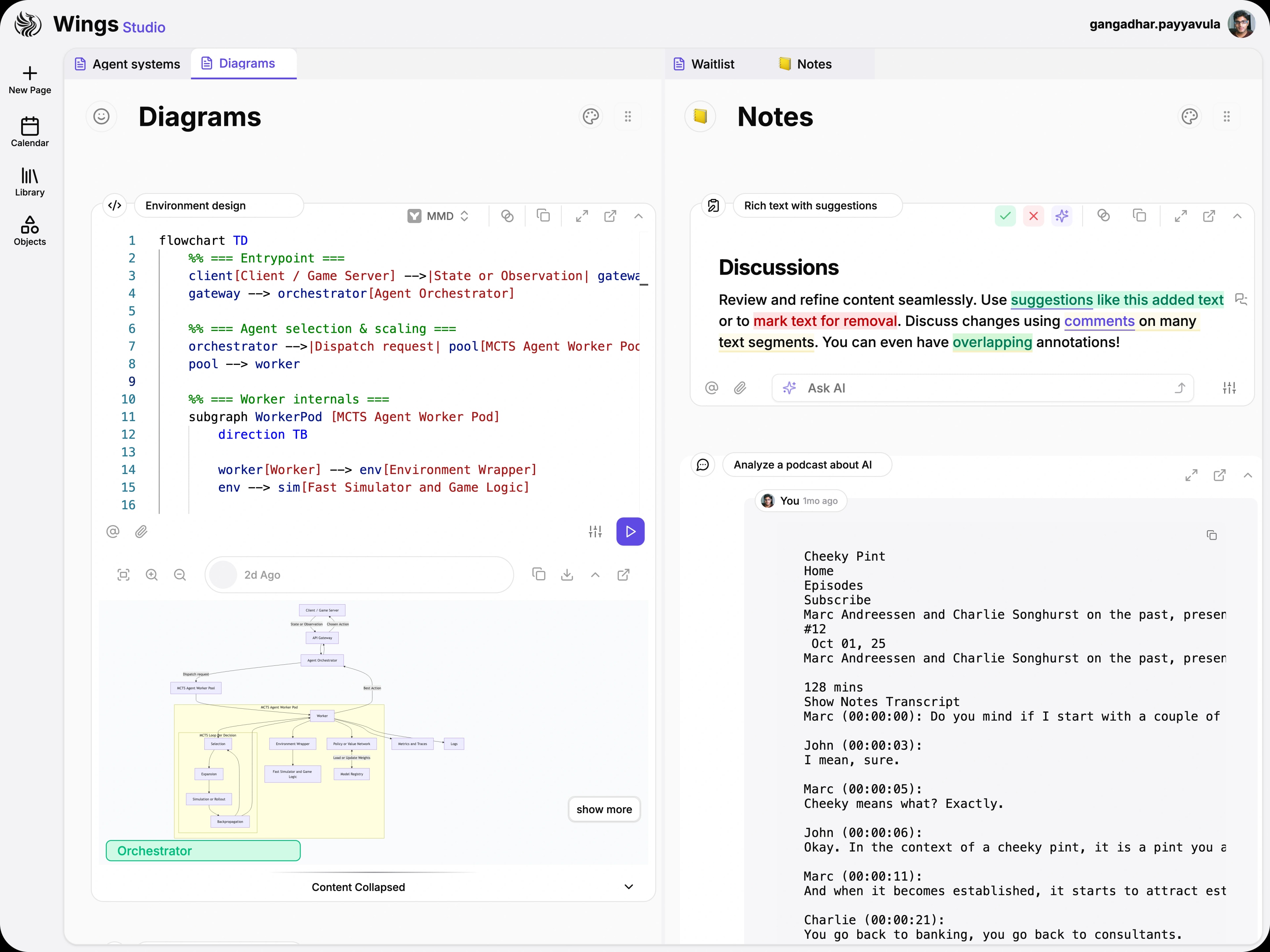 Split view layout with a diagram editor beside rich text notes