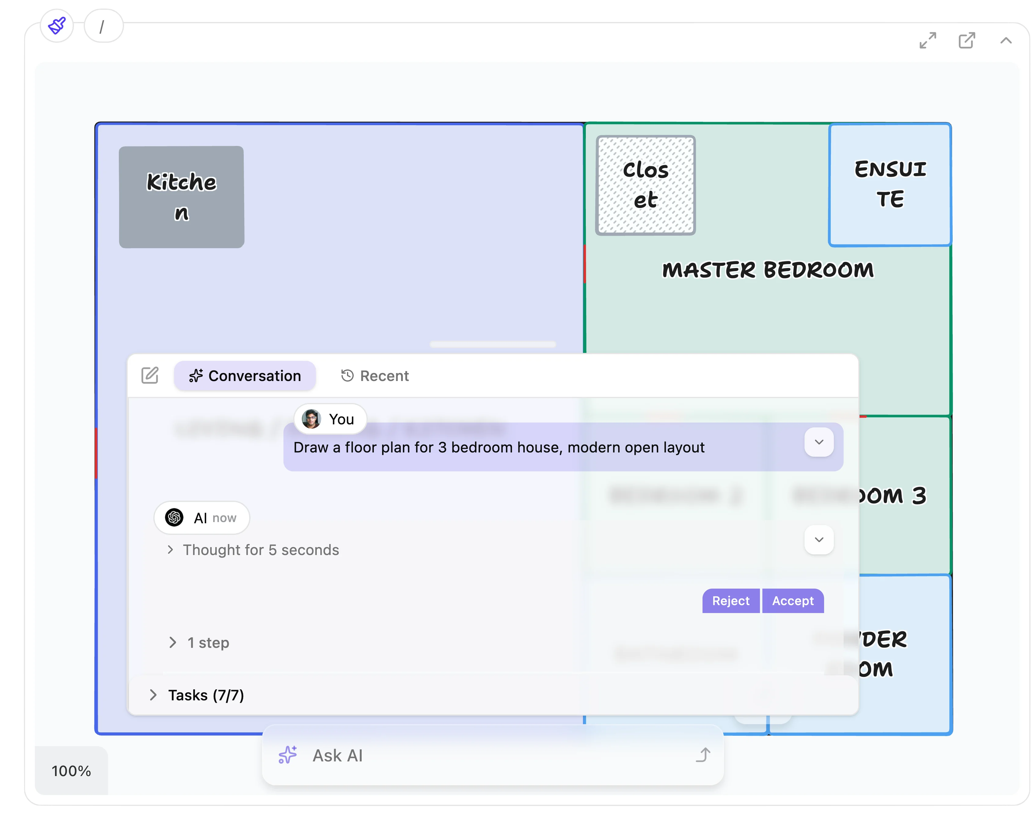 Canvas with an AI chat drafting a bedroom floor plan