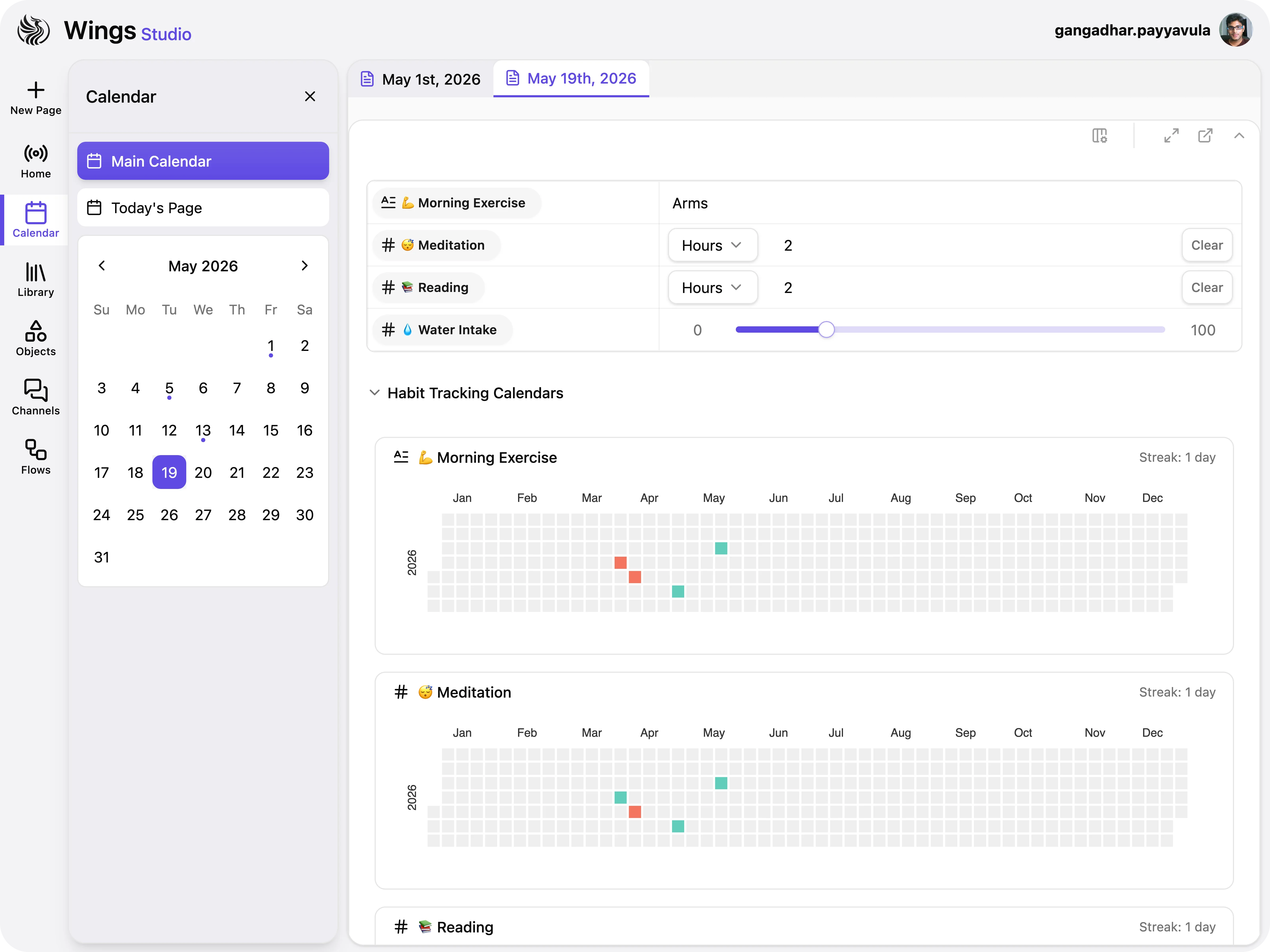 Daily page with calendar navigation, habit controls, and streak heatmaps
