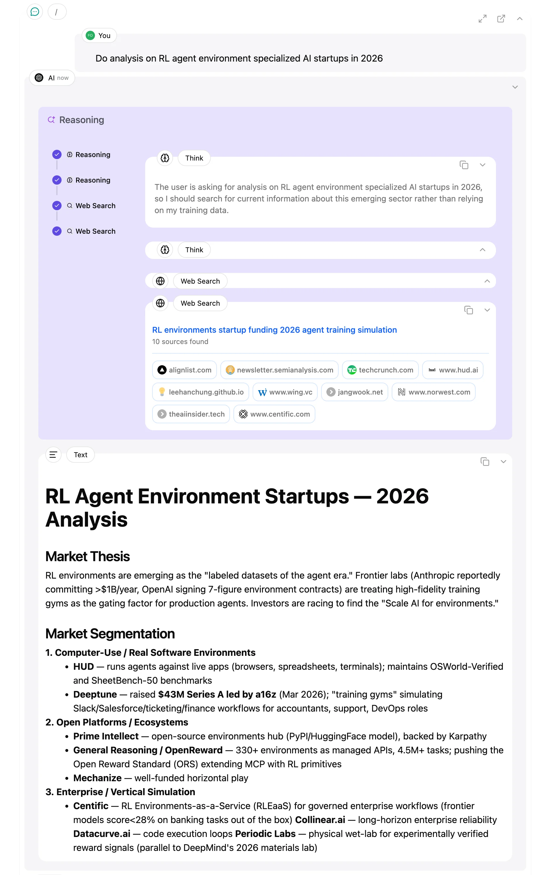 Deep research report for agent environment startups with an active research progress card