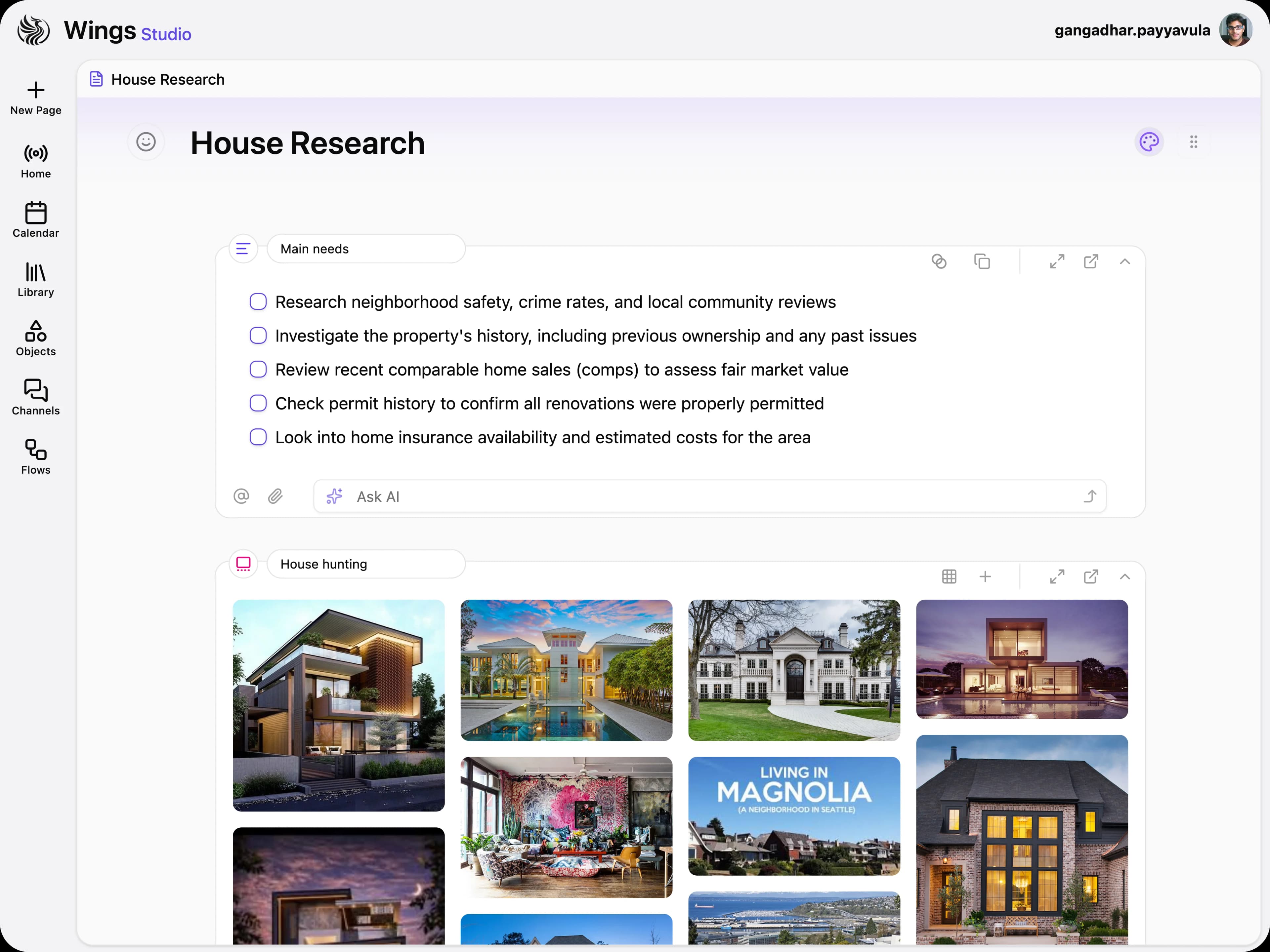 House research page with a checklist and image gallery