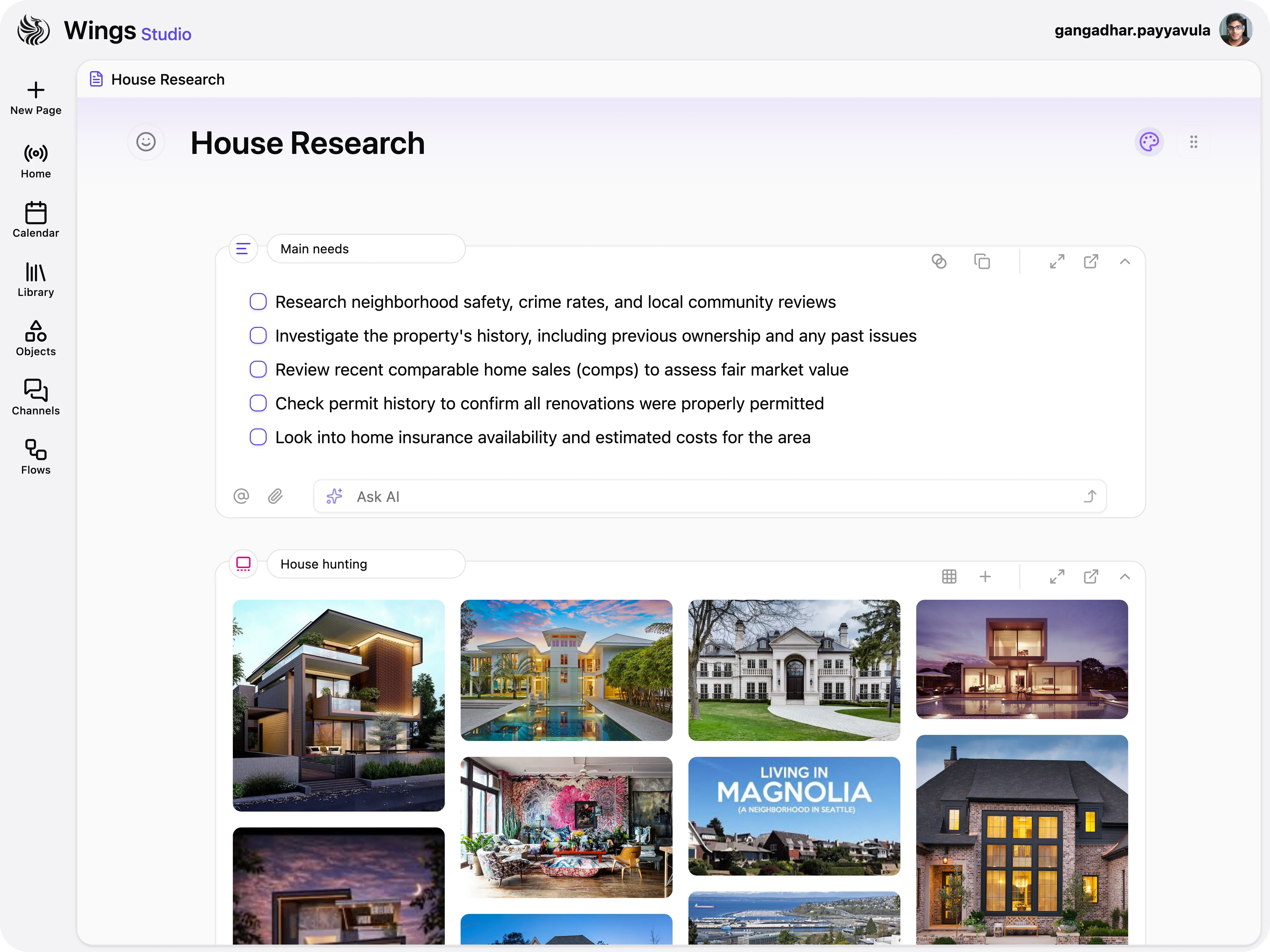 House research page with a checklist and image gallery