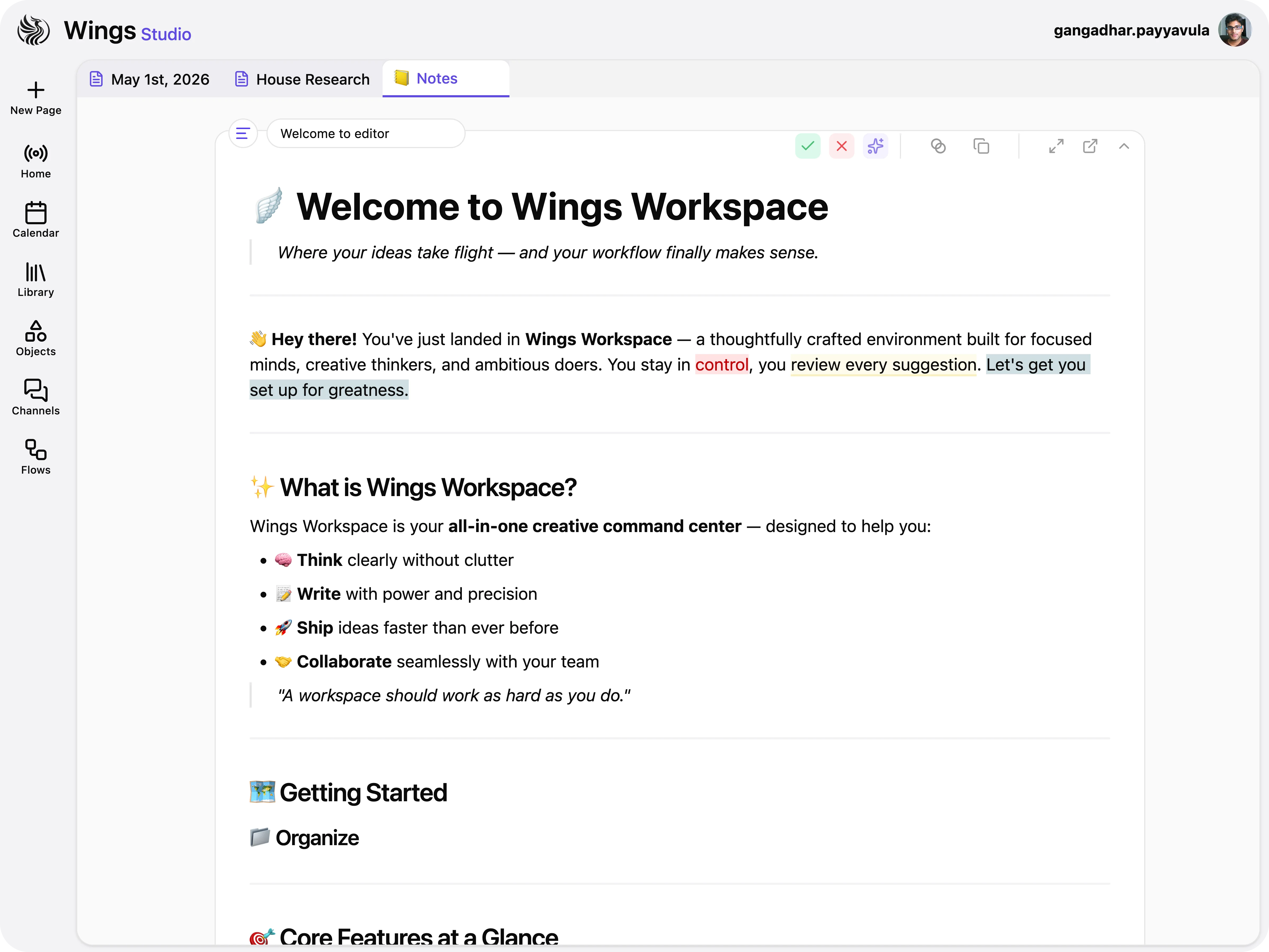 Rich text editor showing the Wings Workspace welcome document