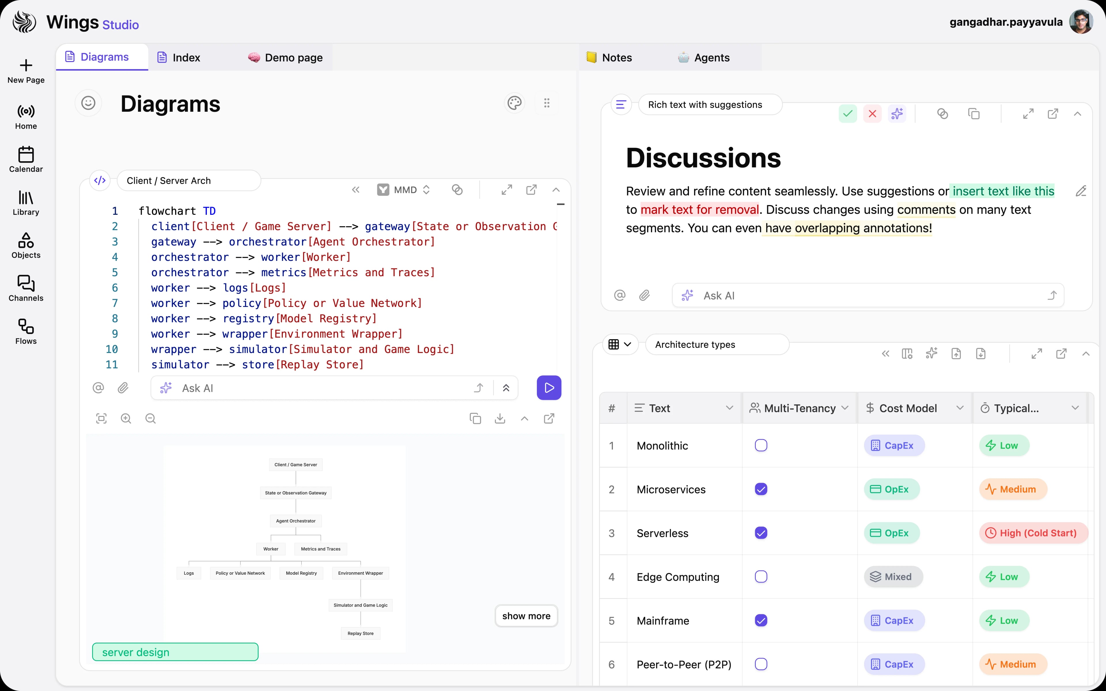 Split workspace with a diagram editor, notes, and a table visible at once