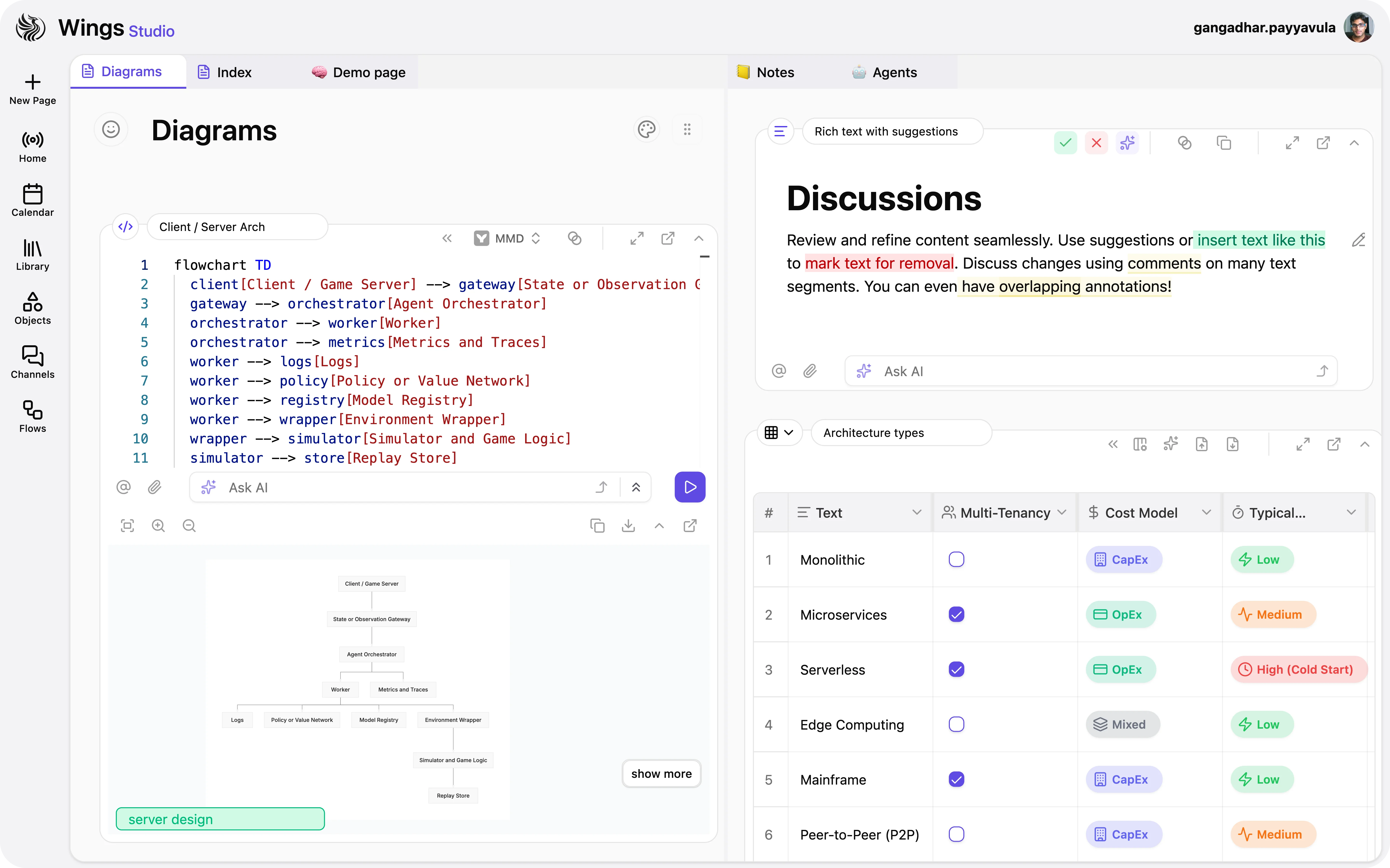 Split view layout with a diagram editor, notes, and a table open together