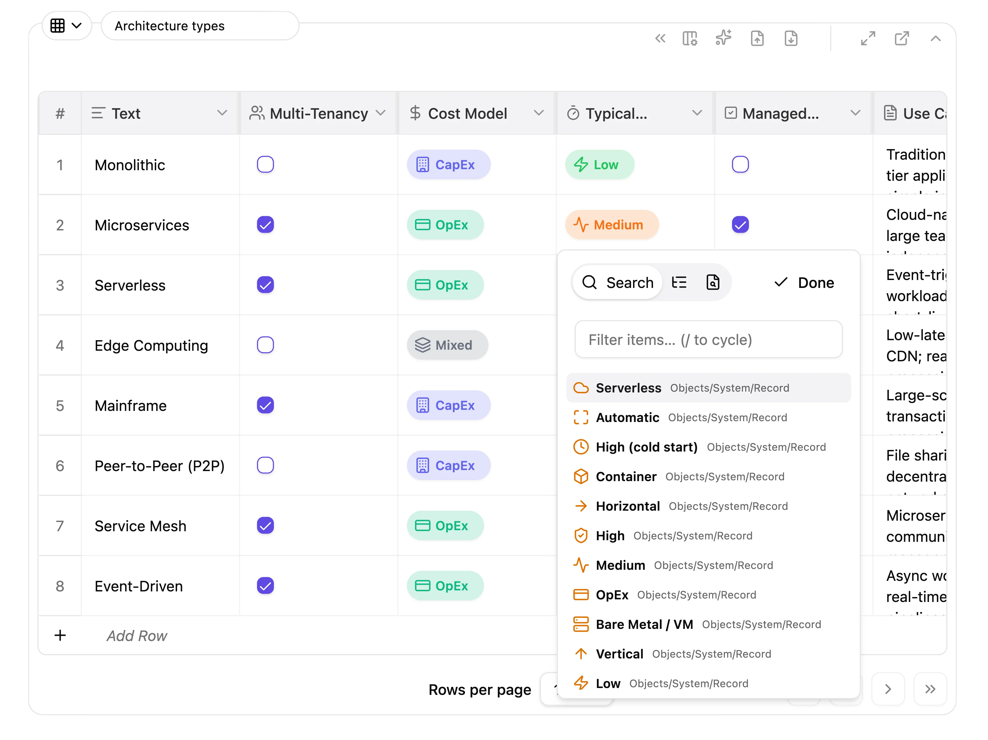 Table with an open architecture type picker for selecting linked values