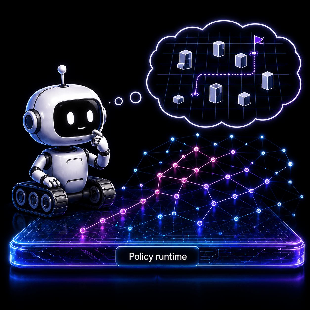 Robot reasoning about a policy runtime graph with connected tools and skills.